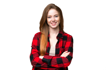 Young pretty woman over isolated chroma key background keeping the arms crossed in frontal position