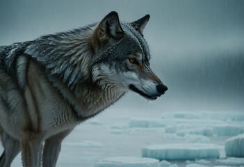 Wild Grey Wolf Prowling in a Misty Rainy Habitat