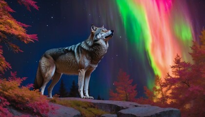 Lone Wolf Bathed in Aurora Borealis