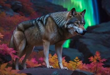 Wildlife Scene: Wolf Overlooking Autumn Landscape