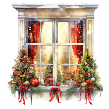 Christmas Window Watercolor Art , Greetings Design Template , Illustration. AI Generated Illustration.