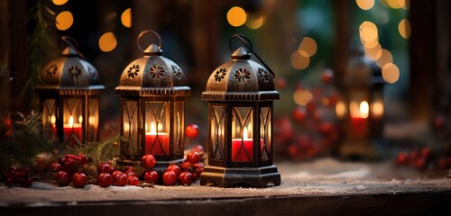 Warmly Glowing Lanterns Decorated with Holly and Ribbons
