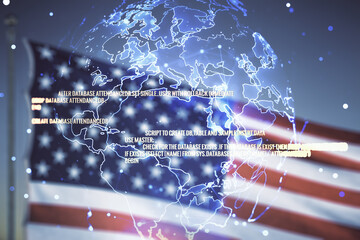 Double exposure of abstract creative programming illustration and world map on US flag and blue sky background, big data and blockchain concept