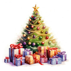 Fototapeta na wymiar Watercolour Christmas tree with presents on an isolated white background