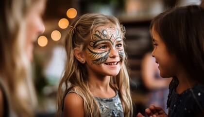 Face Painted Girls Engaged in Conversation
