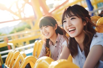 Portrait young women playing Roller Coaster at amusement park - obrazy, fototapety, plakaty