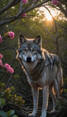 Wolf Among Spring Flowers at Sunset