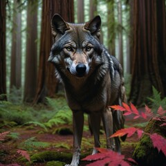Obraz premium Majestic Wolf Stands in Lush Forest