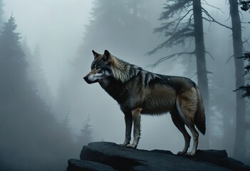 Wild Wolf Against a Misty Woodland Backdrop