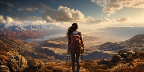 Rear view of a female hiker with a backpack looking out over a mountainous landscape - obrazy, fototapety, plakaty