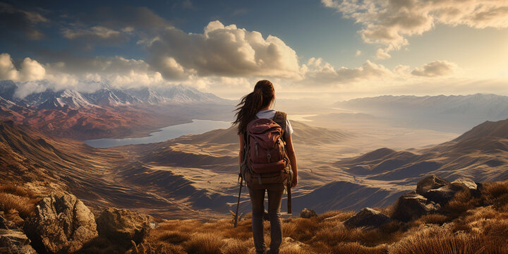 Rear view of a female hiker with a backpack looking out over a mountainous landscape