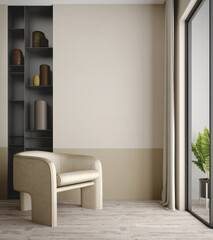 Brown wall mockup with shelf and armchair.3d rendering