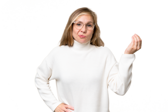 Young blonde woman over isolated background making Italian gesture