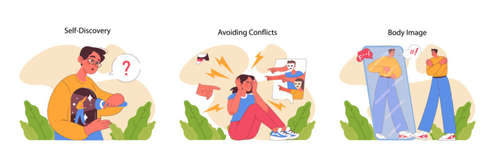 Pressure on teenagers set. Teens navigating societal judgments, bullying and hate, exploring self-worth. Body image concerns, conflicts, identity problems. Flat vector illustration
