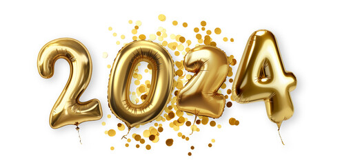 2024 golden foil balloons. Happy New Year concept. - obrazy, fototapety, plakaty