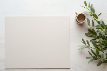 flat lay background image of blank desk with coffee and plant, wallpaper, greenery, minimalistic, desktop, workspace, work, interior design - obrazy, fototapety, plakaty