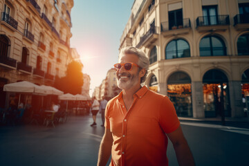Naklejka premium Middle aged man in the middle of the city with sunglasses