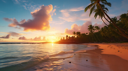 Morning sun rising over a paradisiacal island's beach, adorned with palms and sea waves, crafted by artificial intelligence.