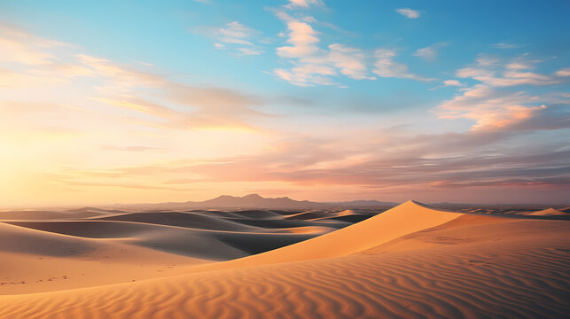 Gorgeous dawn breaking over desert sand dunes, produced using artificial intelligence. © Pierre