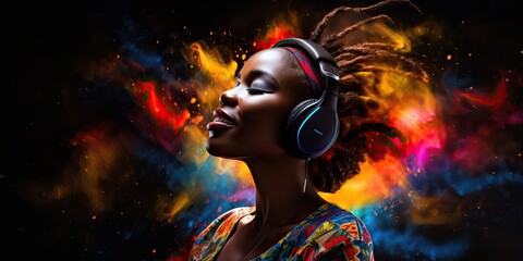 African woman wearing headphones, enjoying music flow, feeling emotions in vibrant color vibes, colorful dynamic sound waves and abstract digital light effects covering her hair, black background - obrazy, fototapety, plakaty