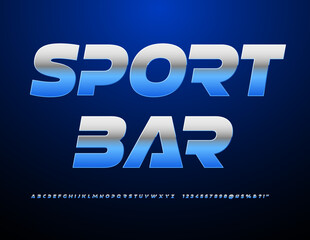 Vector trendy signboard Sport Bar. Futuristic style Font. Set of metallic Alphabet Letters and Numbers set