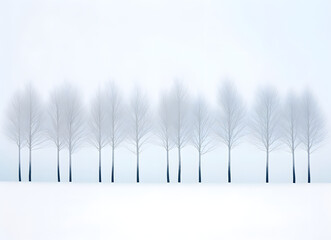 a line of blue trees in the snow on foggy day
