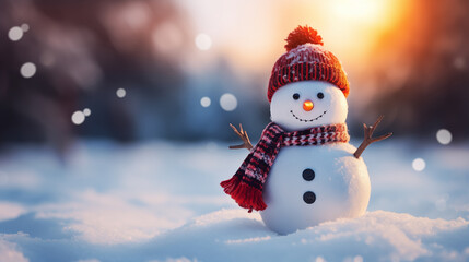 Fototapeta premium Little Frosty Or Snowman Wearing Red Hat And Scarf In Winter Snow Falling. Christmas Evening. Copy Space For Text. Background New Year Eve Magic Concept. Postcard Or Mockup. Ai Generated Image