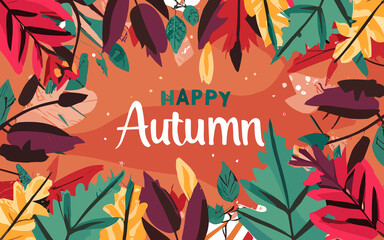 Seamless pattern with hand drawn cute colorful leaves. Autumn leaf border. Thanksgiving and Harvest Day. - obrazy, fototapety, plakaty