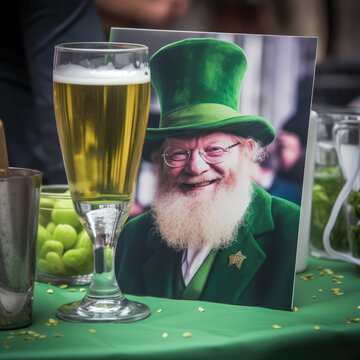 Glass of beer and memory photo of on old man on St. Patricks Day