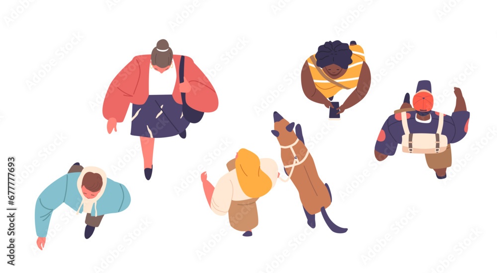 Poster characters go from a top view, people form a vibrant mosaic of movement, creating a tapestry of huma