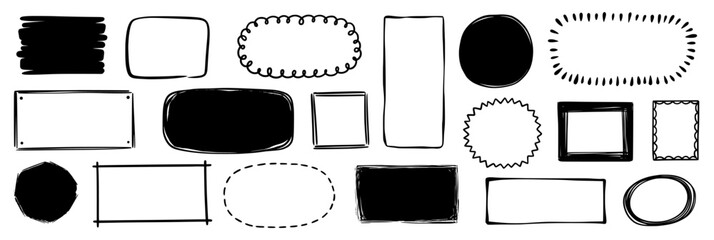 Hand drawn doodle frame set. Box, square, rectangle, circle shape brush pen line stroke scribble element. Hand drawn simple oval, square frame for text border. Vector illustration - obrazy, fototapety, plakaty