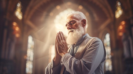 old man prayer sitting in church. man praying for god in the church and Jesus giving blessing. Thank you to God for great is your love. Faith in religion and belief in God. Generative ai - obrazy, fototapety, plakaty