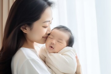 Fototapeta na wymiar Portrait of asian young mother kissing her cute newborn baby in white bed room.