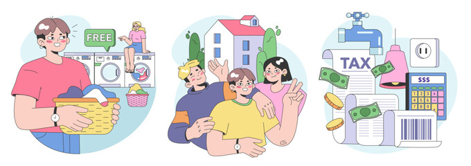 Co-living set. Friends or roommates living together. Characters hang out in dormitory or student apartment. Joint living and recreation in friends company. Flat vector illustration.