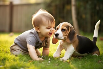 Toddler and Beagle gambol in the backyard. crawling child and puppy games on the lawn. Dog and kid friendship. - obrazy, fototapety, plakaty