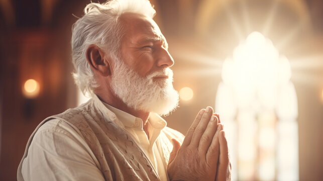 old man prayer sitting in church. man praying for god in the church and Jesus giving blessing. Thank you to God for great is your love. Faith in religion and belief in God. Generative ai