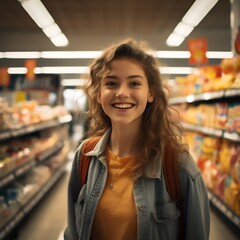 Portrait of a happy customer  teenager shopper in a grocery supermarket  store