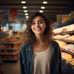 Portrait of a happy customer  teenager shopper in a grocery supermarket  store