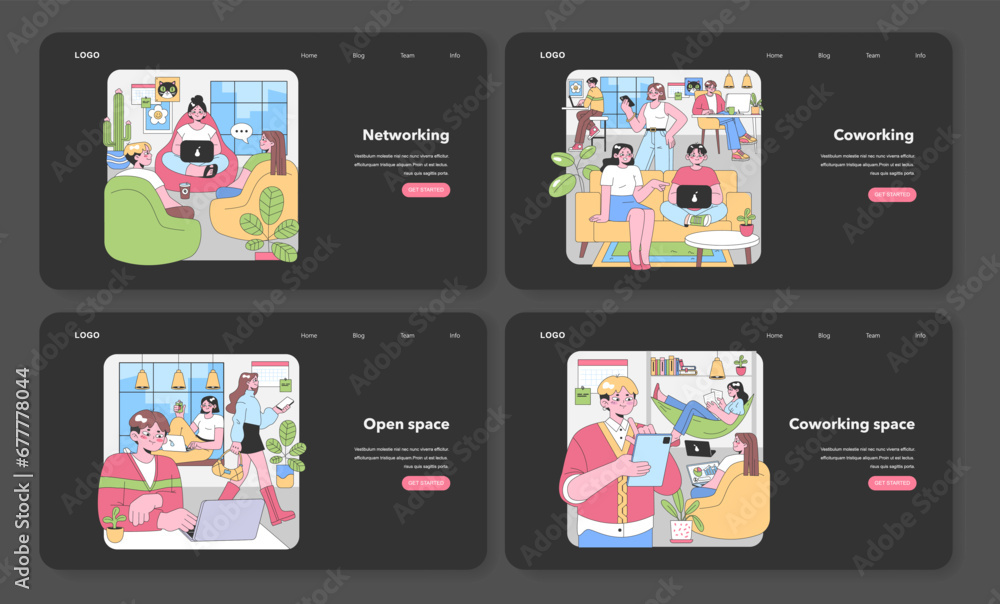 Poster modern workspace set. collaborative environments with professionals interacting digital connection, 