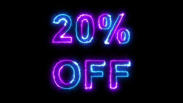 4K. 10%, 20%, 30% Sale Text electric lighting text with blue neon animation on black background. 3D Animation. 20%off.
