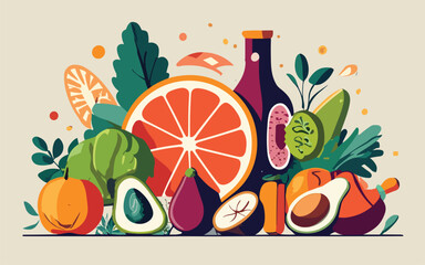 Collection of vitamin C sources. Fruits and vegetables enriched with ascorbic acid. Dietetic food, organic nutrition composition. Flat vector cartoon illustration isolated on white background - obrazy, fototapety, plakaty