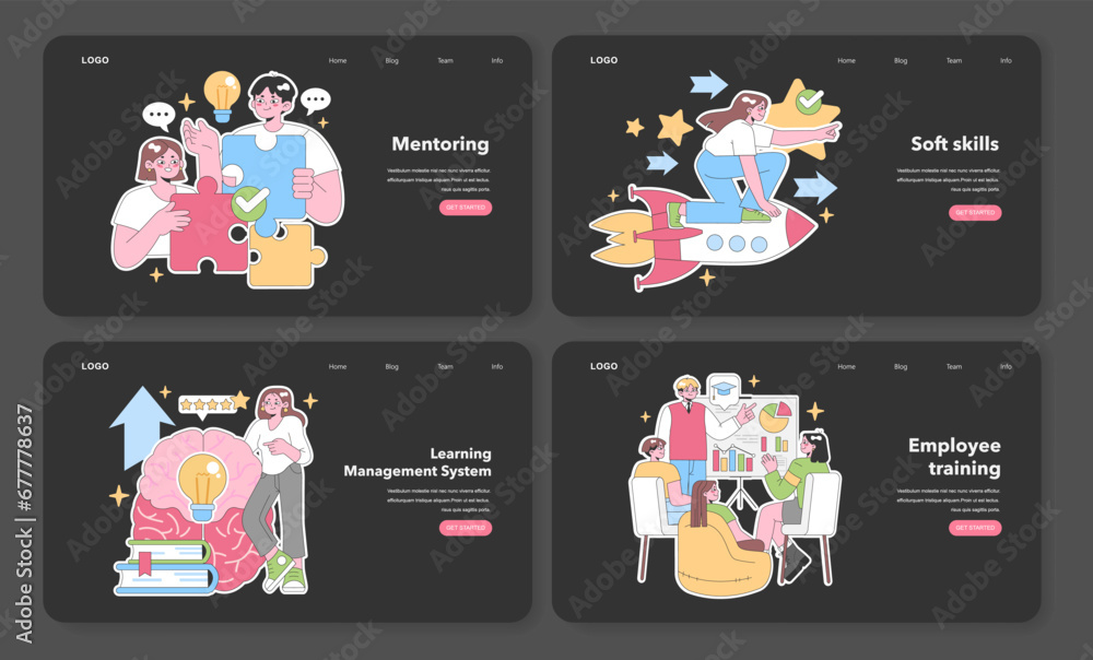Poster Professional Development set. Mentoring bridges knowledge gaps. Soft skills elevate careers. Brain illuminates with Learning Management. Collaborative approach in Employee training. Flat vector