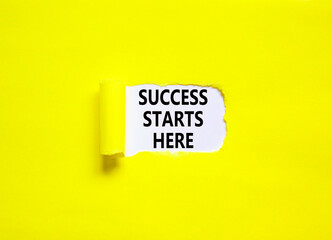 Success starts here symbol. Concept word Success starts here on beautiful white paper. Beautiful yellow table yellow background. Business motivational success starts here concept. Copy space.