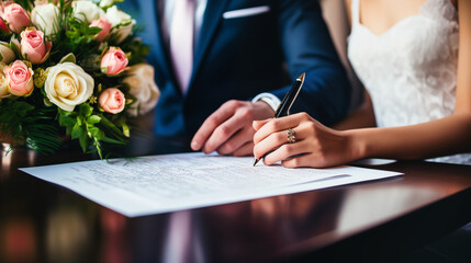 cropped shot of wedding couple signing contract at table with wedding bouquet - obrazy, fototapety, plakaty