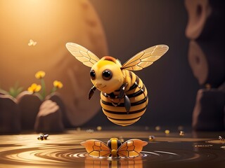 3d render of a bee floating in the water surrounded by flowers