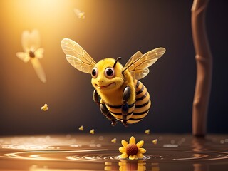 3d render of cute bee flying in water with yellow flower.