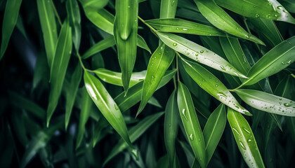 Green wet bamboo leaves background.