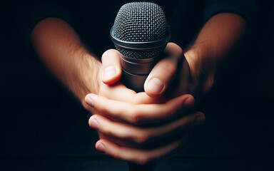 hand holding microphone on a black background The hands of a singer who is about to sing - obrazy, fototapety, plakaty