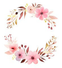 a watercolor wreath made from flowers and leaves on white background