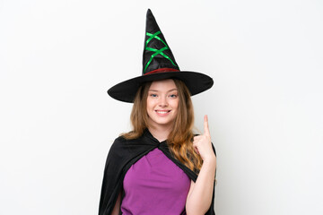 Young pretty woman costume as witch isolated on white background pointing with the index finger a great idea
